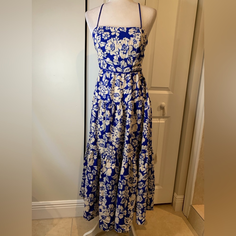 Aakaa Tied Up Boat Neck Floral Print Tiered Pleated A-line Backless Dress - Picture 2 of 8